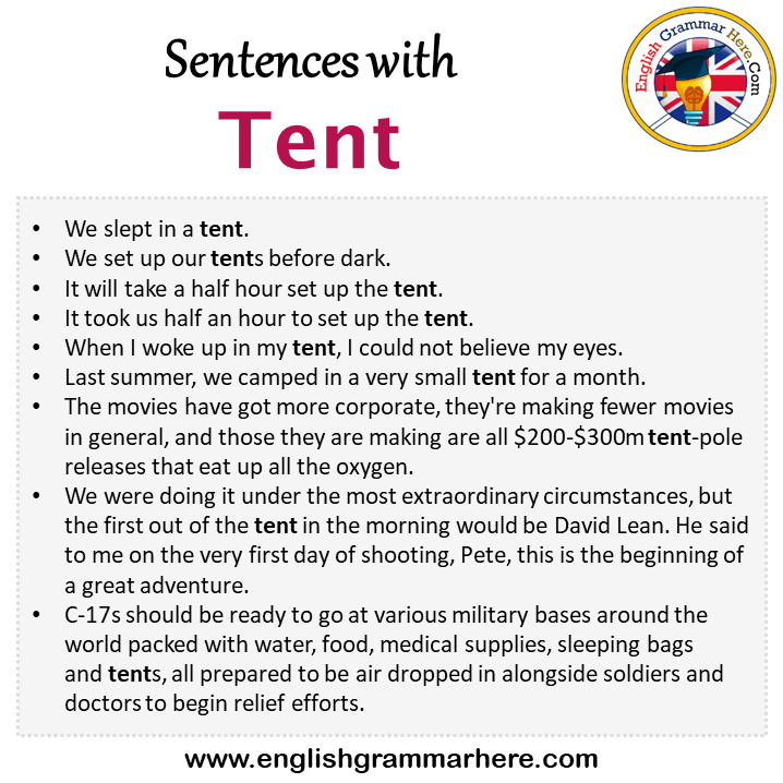 Sentences with Tent, Tent in a Sentence in English, Sentences For Tent