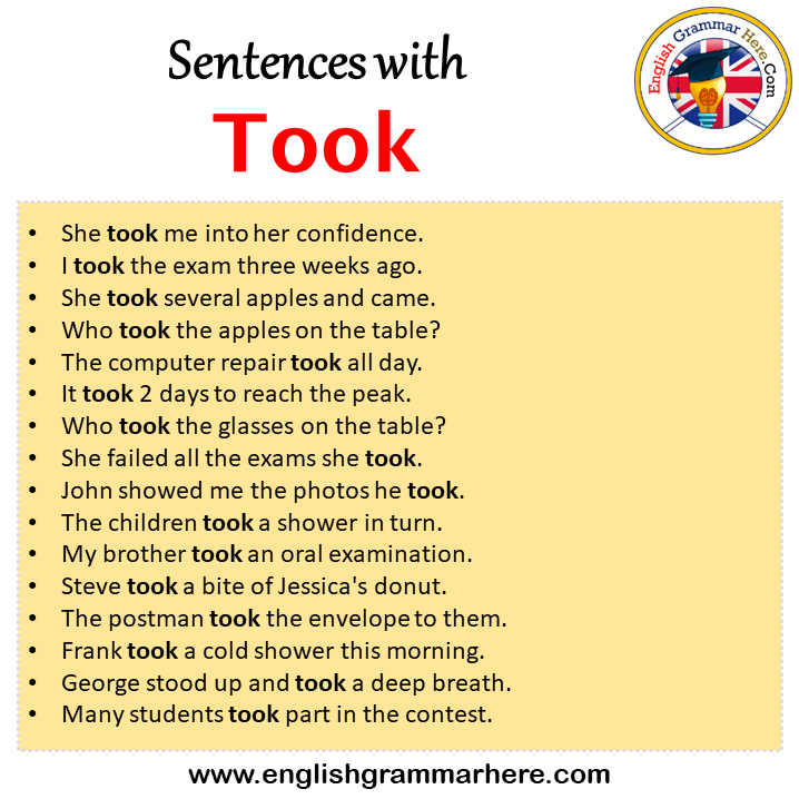 Sentences with Took, Took in a Sentence in English, Sentences For Took