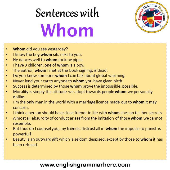 Sentences with Whom, Whom in a Sentence in English, Sentences For Whom