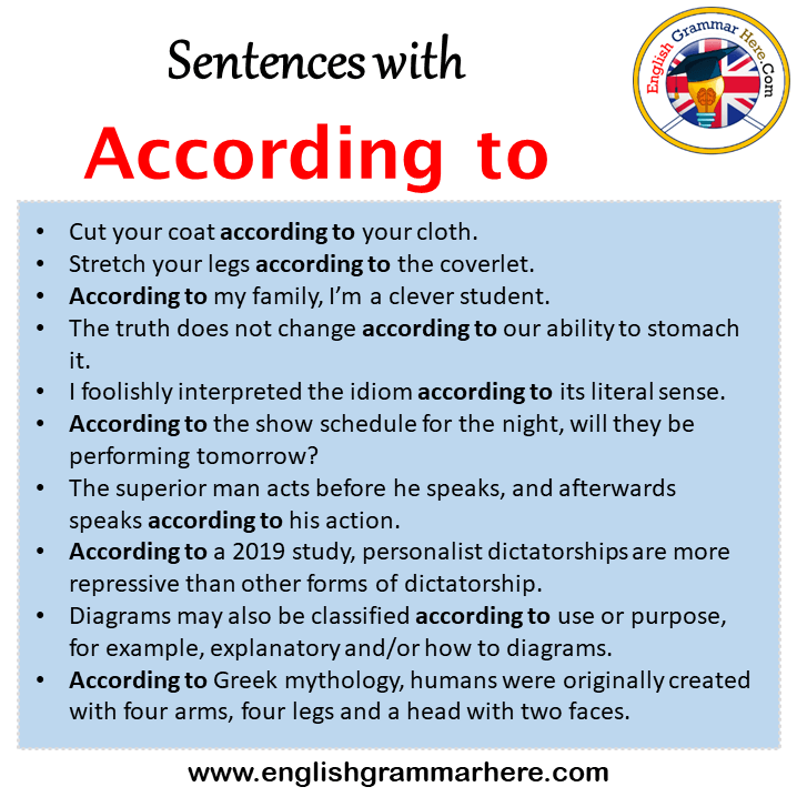 Sentences with According to, According to in a Sentence in English, Sentences For According to