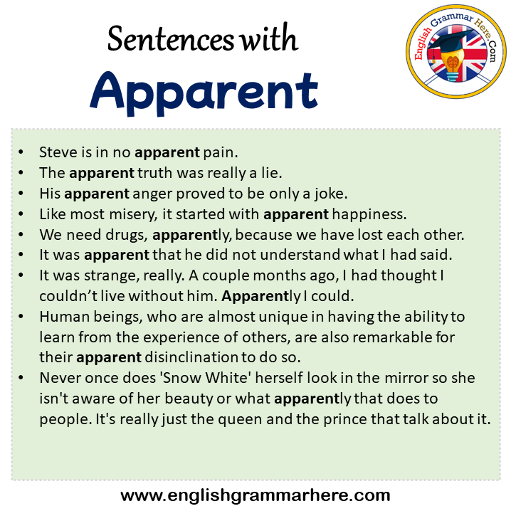 Sentences with Apparent, Apparent in a Sentence in English, Sentences For Apparent