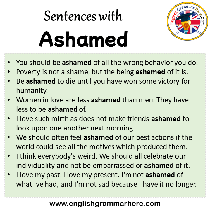 Sentences with Ashamed, Ashamed in a Sentence in English, Sentences For Ashamed