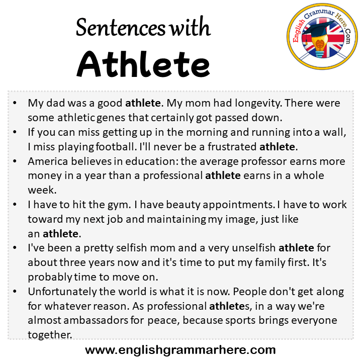 Sentences with Athlete, Athlete in a Sentence in English, Sentences For Athlete