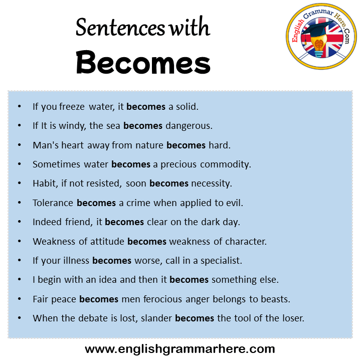 Sentences with Becomes, Becomes in a Sentence in English, Sentences For Becomes