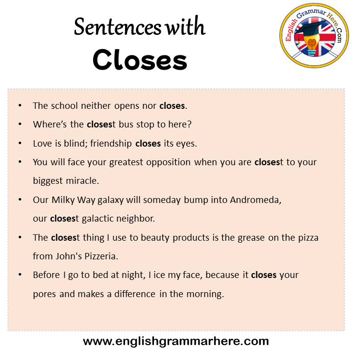 Sentences with Closes, Closes in a Sentence in English, Sentences For Closes