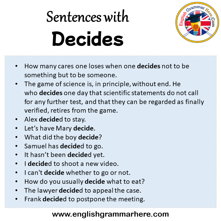 Sentences with Decides, Decides in a Sentence in English, Sentences For Decides