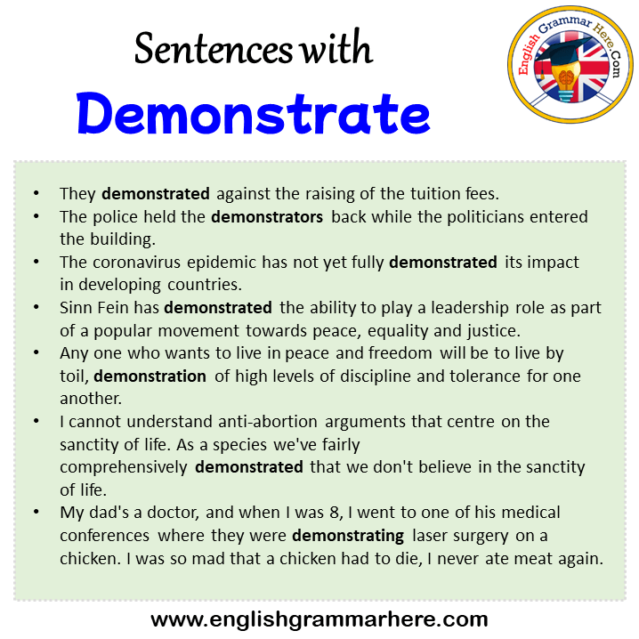 Sentences with Demonstrate, Demonstrate in a Sentence in English, Sentences For Demonstrate