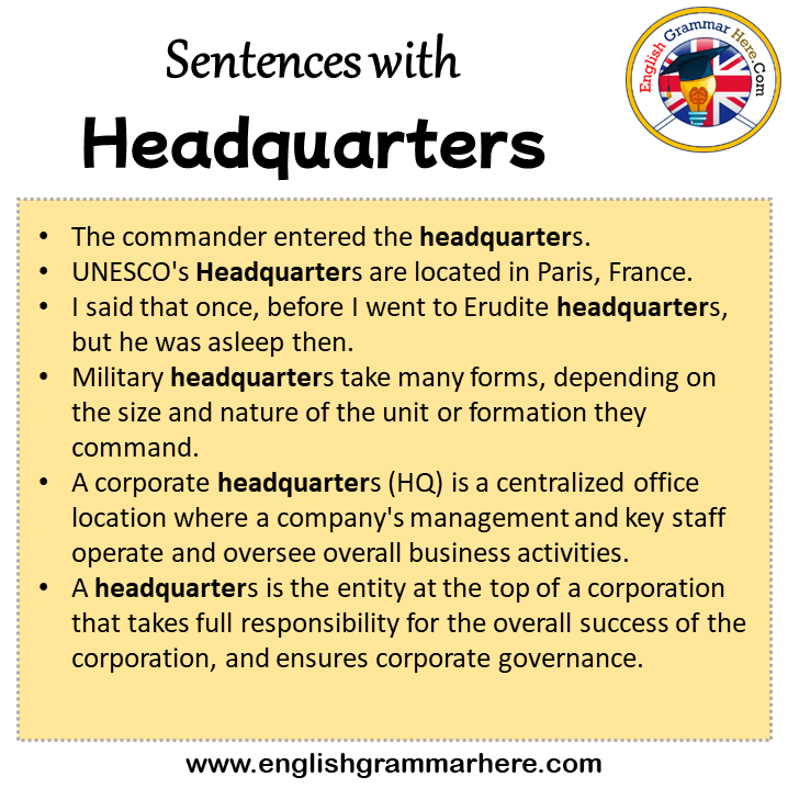 Sentences with Headquarters, Headquarters in a Sentence in English, Sentences For Headquarters