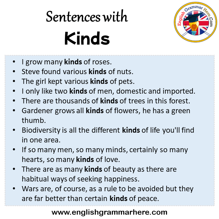 Sentences with Kinds, Kinds in a Sentence in English, Sentences For Kinds