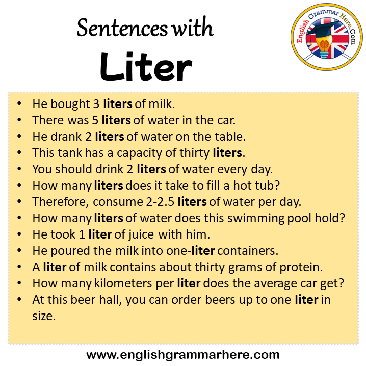 Sentences with Liter, Liter in a Sentence in English, Sentences For Liter