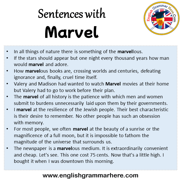 Sentences with Marvel, Marvel in a Sentence in English, Sentences For Marvel
