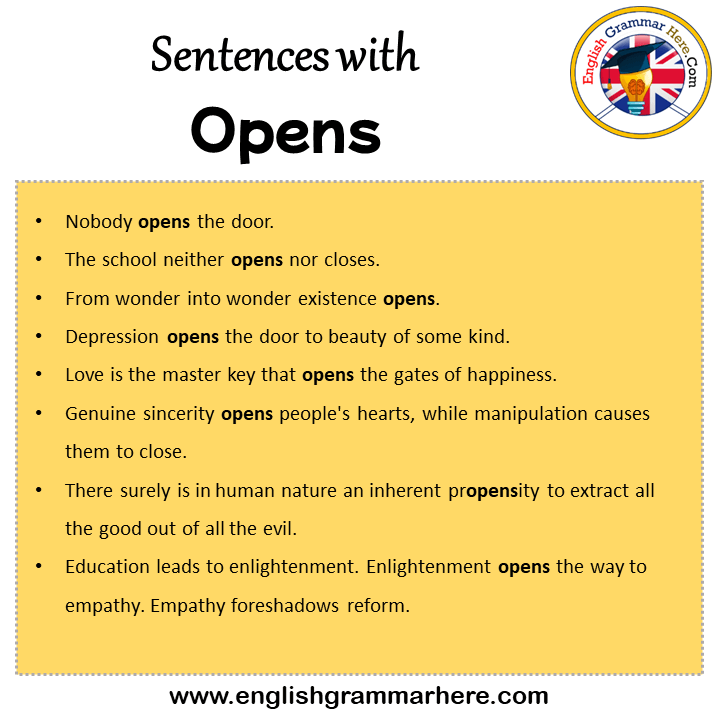 Sentences with Opens, Opens in a Sentence in English, Sentences For Opens