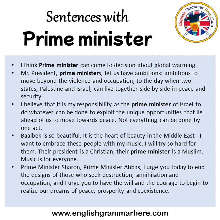 Sentences with Prime minister, Prime minister in a Sentence in English, Sentences For Prime minister