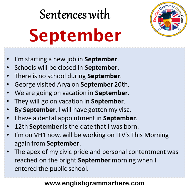 Sentences with September, September in a Sentence in English, Sentences For September