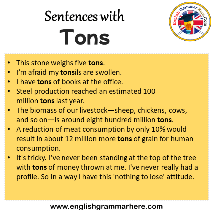Sentences with Tons, Tons in a Sentence in English, Sentences For Tons