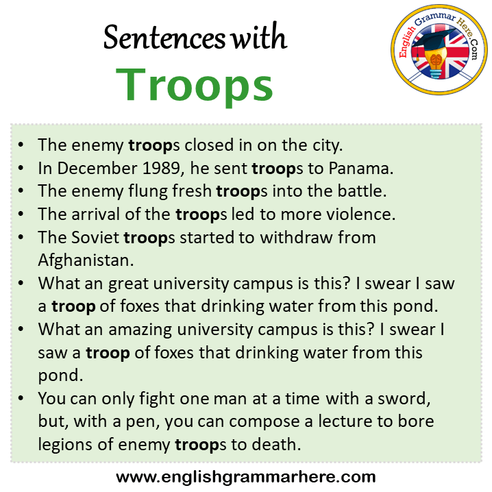 Sentences with Troops, Troops in a Sentence in English, Sentences For Troops