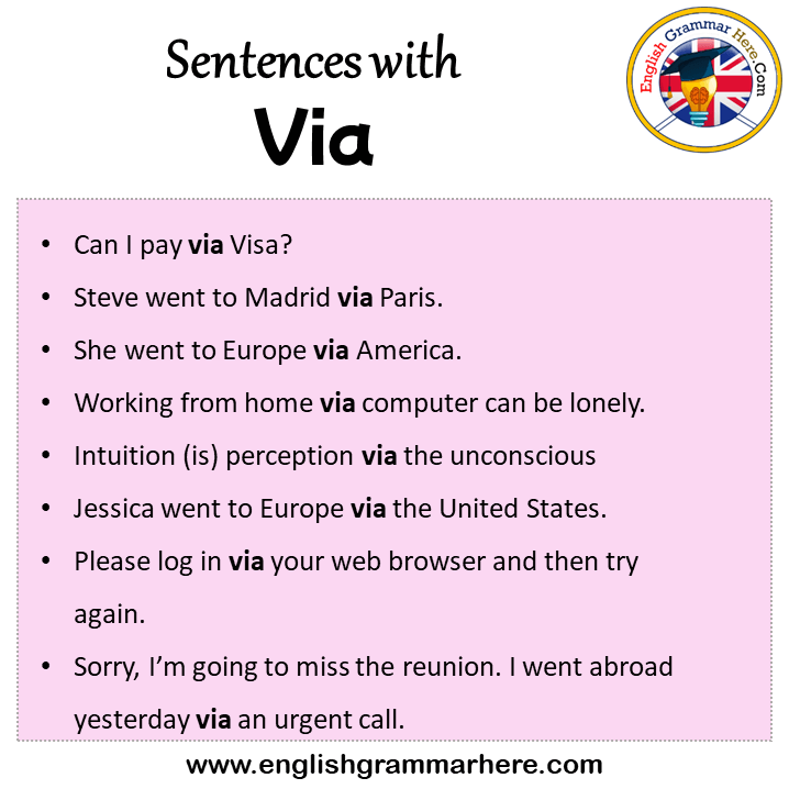 Sentences with Via, Via in a Sentence in English, Sentences For Via
