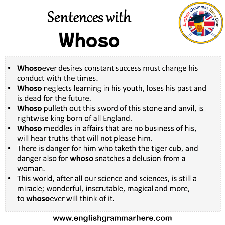 Sentences with Whoso, Whoso in a Sentence in English, Sentences For Whoso