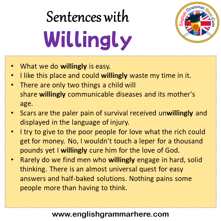 Sentences with Willingly, Willingly in a Sentence in English, Sentences For Willingly