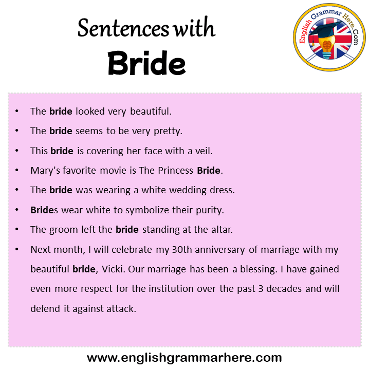 Sentences with Bride, Bride in a Sentence in English, Sentences For Bride