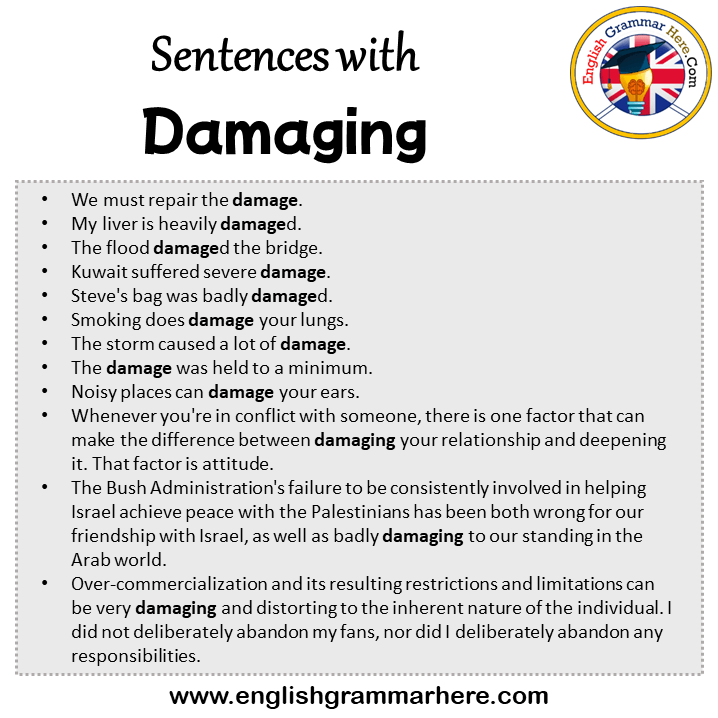 Sentences with Damaging, Damaging in a Sentence in English, Sentences For Damaging