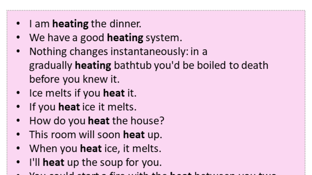 Sentences with Heating, Heating in a Sentence in English, Sentences For  Heating - English Grammar Here