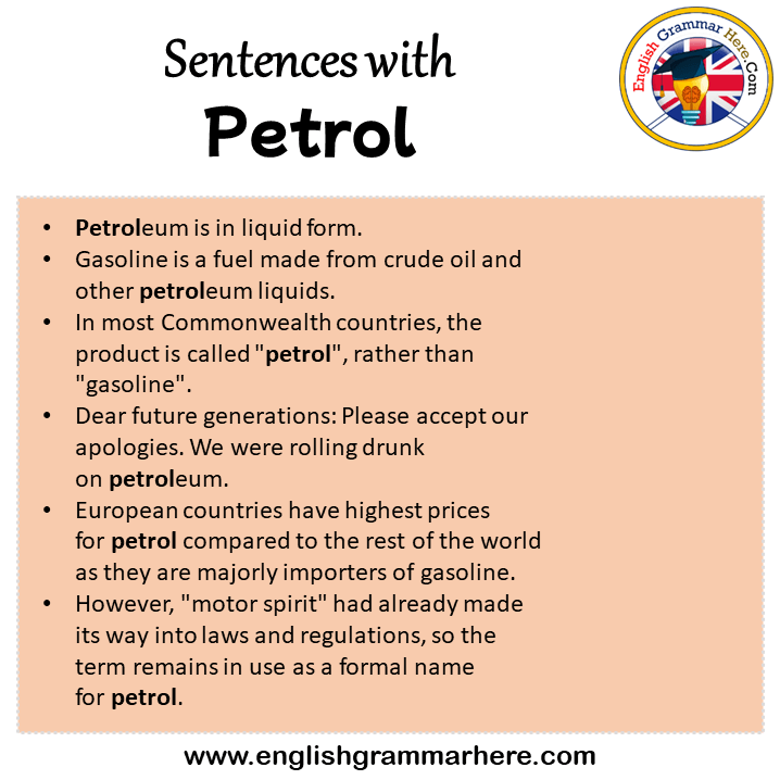 Sentences with Petrol, Petrol in a Sentence in English, Sentences For Petrol