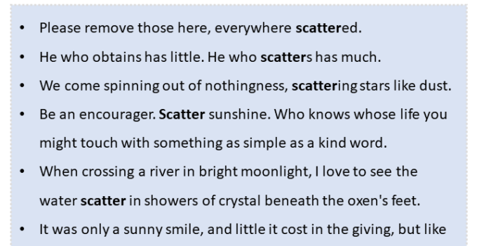 Sentences with Scatter, Scatter in a Sentence in English, Sentences For Scatter