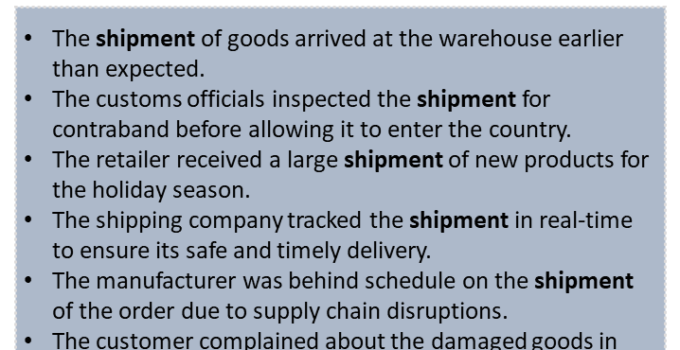 Sentences with Shipment, Shipment in a Sentence in English, Sentences For Shipment